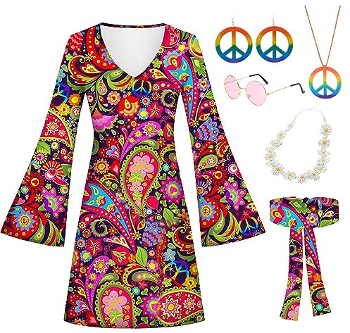 Ronronner Hippie Kleidung Damen,5 StüCk 60 Er 70er Jahre Hippie Kleid,Halskette Ohrringe Sonnenbrille Disco Fever Kleidung Frau Frauen Damen Kleid FüR Karneval Motto Party,Halloween KostüM Damen