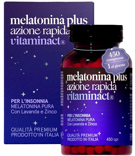 Melatonina Per Dormire Azione Forte - Tecnologia di Tripla Macinazione per un Assorbimento Rapido è a Rilascio Prolungato – 450 Compresse - 1 Mg di Melatonina Pura - Potenziata con Lavanda e Zinco.