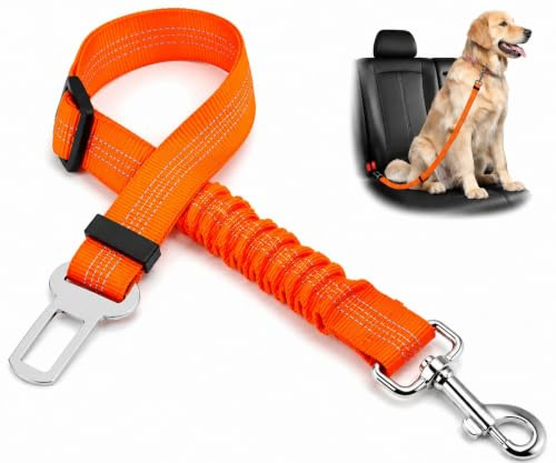 Dog Car Seat Belt -Adjustable Elastic Bungee, Strong Durable Dog Car Harness - 360 Degree Swivel Attach Won't Twist, Reflective, Easy to Use (ORANGE)