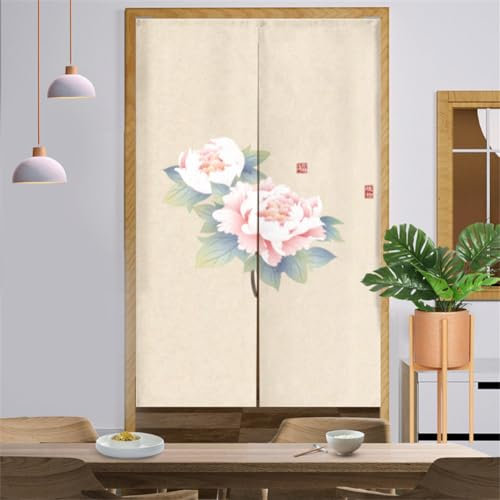 Surwin Rideau de Porte Japonais Long Tapisserie Noren en Lin Fenêtre Rideaux Panneau Tenture Tapisserie Décoration pour Cuisine Chambre Décoration de Maison (Pivoine Rose,90x180cm)