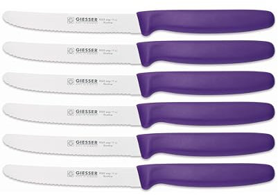 Giesser Messer - Made in Germany - 6er Set Brötchenmesser Tomatenmesser Küchenmesser Allzweckmesser Universalmesser Gemüsemesser 3mm Wellenschliff Klingenlänge 11cm Violett - HALAL