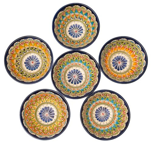 PODARI 6 Keramikschalen 750 ml Kosa Ø 18 cm Machrob Blau - Traditionelle Usbekische Keramikschüsseln mit handbemaltem Design | Salatschüsseln | Schale Bunt Keramik