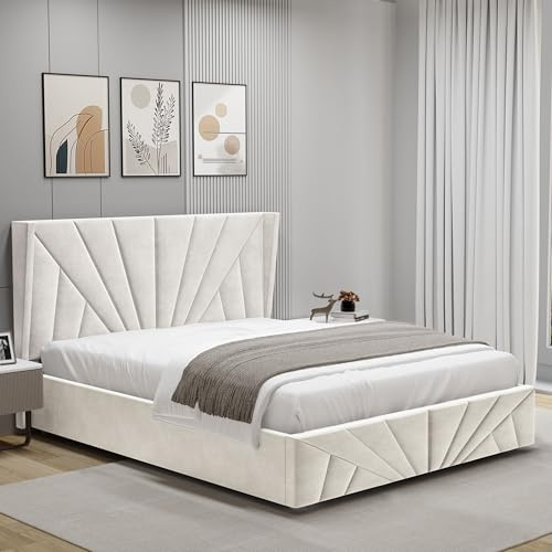 Ottoman Small Double Bed Frame, Upholstered Gas Lift Up Bed Frame with Storage, Ottoman Storage Bed with Gas Lift End Opening Wooden Slats, (4ft Beige Small Double, No Mattress Included)