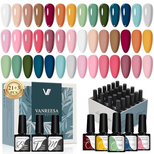 VANREESA 24 PCS Gel Nail Polish Set 21 Colours Gel Polish Set Pink Purple Nude Green Blue UV Nail Kit with Base Top Coat Nail Varnish Kit Gifts for Women