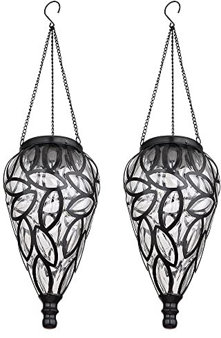 GLOBO Solarlampe Gartendeko Hängeleuchte Außenlampe hängend LED Solarleuchte, im Tropfen Design, Metall schwarz, Kunststoff klar, 16x LED, DxH 13,5x 50 cm, 2er Set
