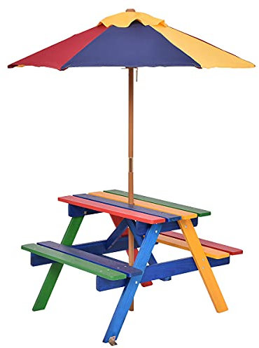 COSTWAY Kindersitzgruppe mit Sonnenschirm, Kindersitzgarnitur aus Massivholz, Kinder Picknicktisch, Sitzgruppe Outdoor, Sitzgarnitur, Gartenmöbel für draußen, Bunt