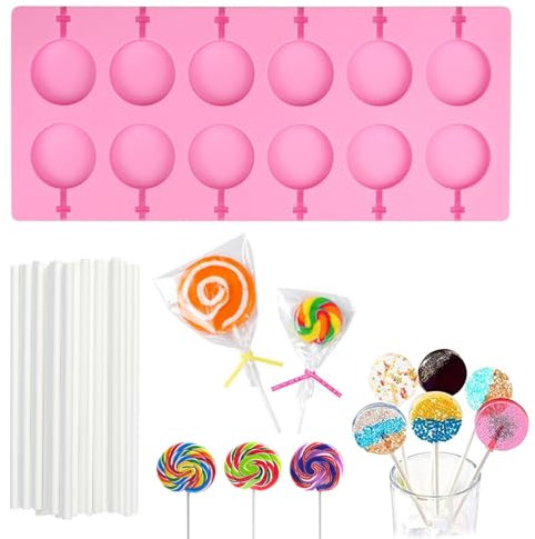 Moule à Sucettes en Silicone, 12 Moule à Sucettes Rondes pour Chocolat avec 20 Bâtonnets pour Sucettes, Antiadhésifs, Faciles à Démouler pour Gâteaux, Bonbons, Gelées et Sucettes au Chocolat.