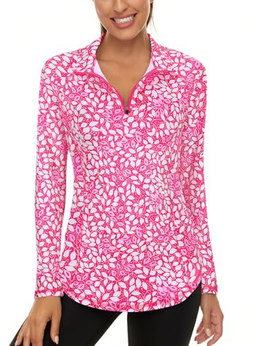 LURANEE Damen-Pullover mit LSF 50+, langärmelig, 1/4-Reißverschluss, sportlich, Wandern, Laufen, Workout, White Leaf Pink, Mittel