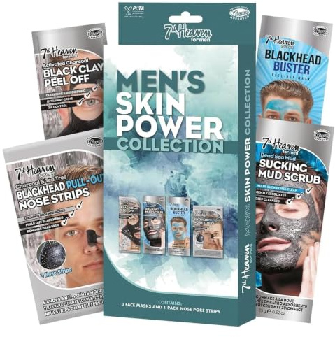 7th Heaven Men’s Skin Power Gift Set with 3 rejuvenating masks and nose pore strips. Deep-cleansing face skincare to help with blemishes and blackhead removal while energising and reviving skin.