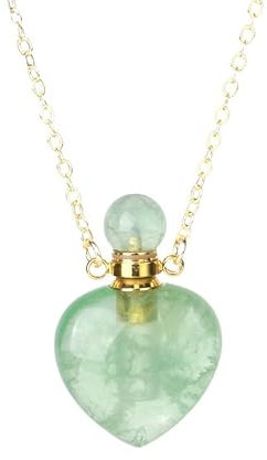 Natural Green Fluorite Crystal Necklaces Heart Crystal Stone Perfume Bottle Pendant Necklace Essential Oil Diffuser Pendant Necklace Jewelry Gift for Women