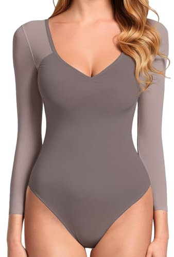 GJY Bodysuit Da Donna, Top Sexy Con Scollo a V e Manica Lunga in Maglia Senza Schienale, Top Body Per Uscire,Rosa-Viola