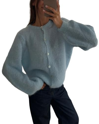 Damen-Strickjacke, Rundhalsausschnitt, Mohair, lässig, einfarbig, Knopfleiste, langärmelig, Strickwaren