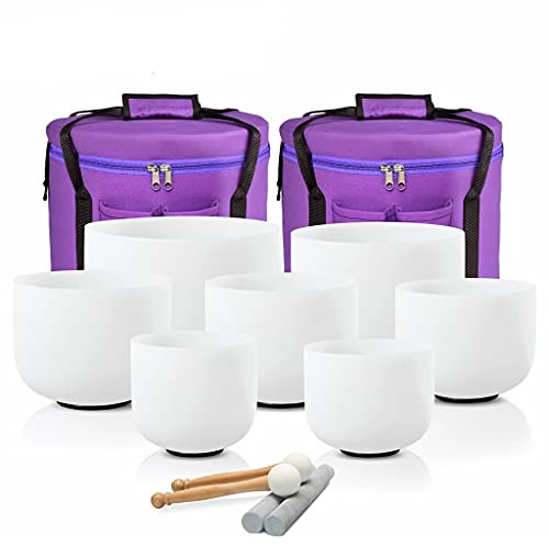 PLKTCM 7-12 Inch Note Set of 7PCS Chakra Frosted Quartz Crystal Singing Bowl with Free Carry Bag