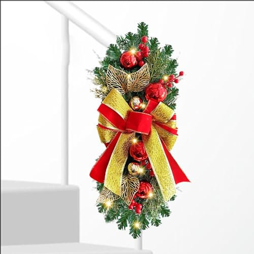 Guirnalda de Navidad para barandilla de escaleras, guirnalda de Navidad para decoración de escaleras con lazo, decoración de puerta de ramas de pino con temática de invierno