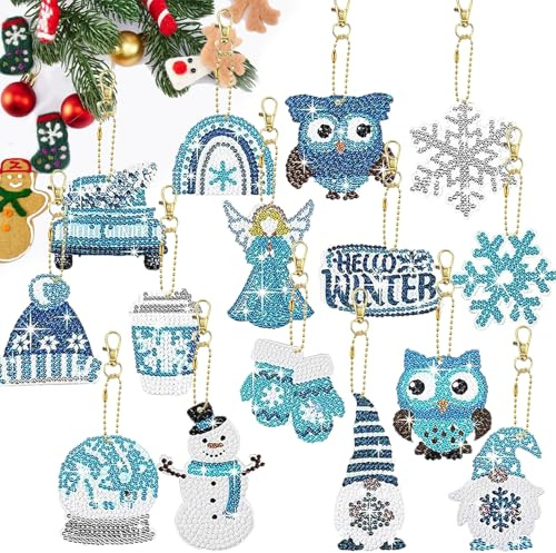 Scinzene Diamond Painting Weihnachten Anhänger, 16 Stück 5D Diamant Painting Schlüsselanhänger, DIY Schneeflocken, Eulen und Weihnachtsbaum Anhänger Set für Dekoration und Geschenke