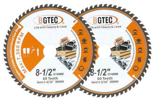 TCT Circular Saw Blade - Carbide Tipped Teeth General Purpose 216MM 60T Cutting Dics with 30MM Arbor for Wood Aluminium Plastic Copper BGTEC,2 Pack