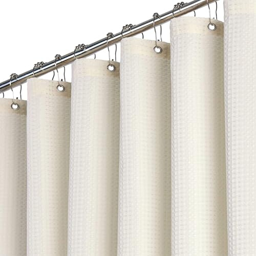 BTTN Duschvorhang Stoff Waffelstruktur 120x200 cm schmaler, Beige/Creme | 8 Plastikhaken, Rückseitig Laminiert Wasserdicht, Waffelstruktur, Anti-Schimmel, Beschwerter Saum, Waschbar Textil Stoff