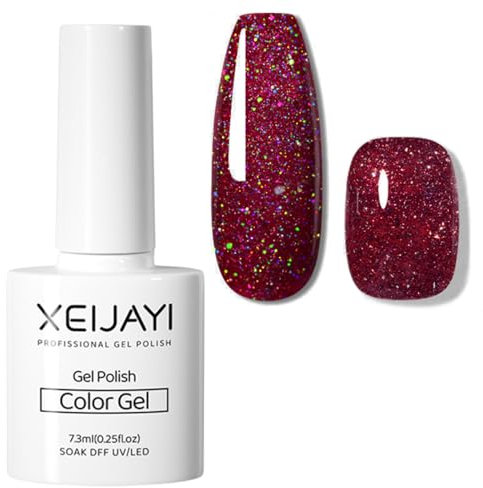 Red Glitter Gel Nail Polish, Burgundy Dark Red Gel Nail Varnish, Diamond Sparkly Shimmer Long Lasting Christmas Nail Polish, Soak off LED/UV Lamp Nail Art Manicure for Women
