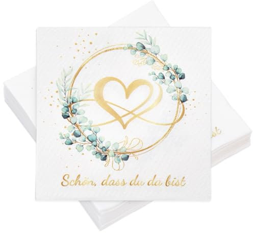 100 Servietten Hochzeit Tischdeko Eukalyptus - Love - Schön, dass du da bist Servietten, 3-lagig 33 x 33 cm Servietten für Hochzeiten, Jubiläen, Tischdeko
