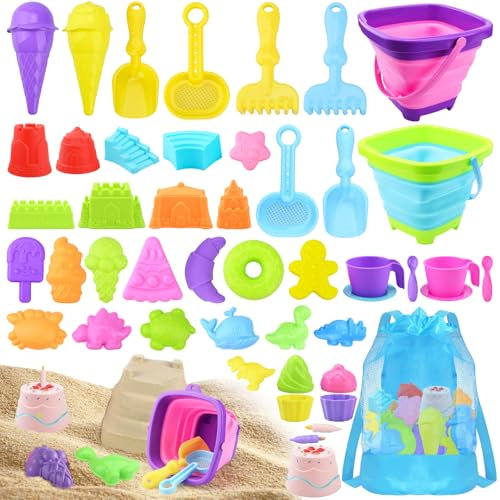 USHOP 44 Stück Sandspielzeug Strandspielzeug Kinder,Sandkasten Spielzeug,Reise Strandspielzeug,Reise Sandspielzeug mit Faltbarer Eimer,Outdoor Spielzeug für Kinder Jungen Mädchen Alter 3 4 5 6 7+
