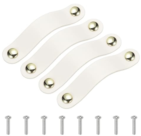 PATIKIL Poignées de tiroir en cuir à double trou avec vis Blanc 4pcs | Poignée en cuir Boutons de commode avec vis pour salle de bain cuisine commode porte d'armoire