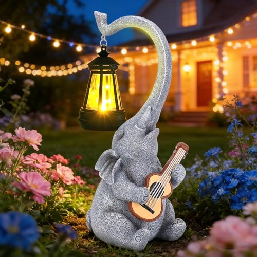 MERUIKCO Solar-Gartenornamente, Elefant, Outdoor-Statue mit LED-Lichtern, Dekoration für Terrasse, Rasen, Veranda, Balkon, Mutter, Geburtstagsgeschenk oder Gartenliebhaber (30 cm)