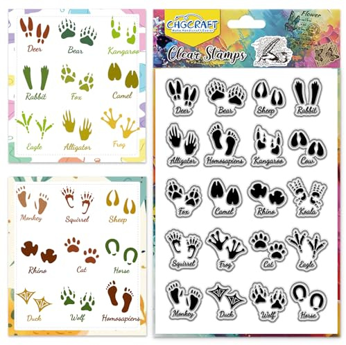 CHGCRAFT Tier Fußabdruck Pfoten Muster Clear Stempel Pfotenabdrücke von 20 Verschiedenen Tieren Transparentes Prägestempel Silikon Siegel für DIY Scrapbooking 16×11cm