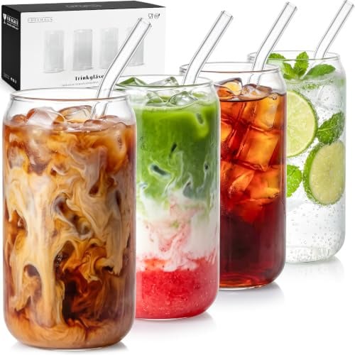 EDELHAUS Trinkgläser mit Strohhalm - Eiskaffee Gläser, Matcha und Cocktails | 4er Set je 500 ml im Dosendesign - Glasbecher für Smoothies und Milchshakes, inklusive 4 Glasstrohhalmen und Reinigungsbürste
