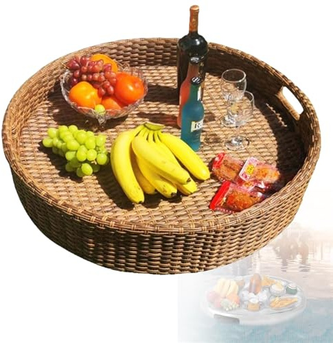 RRrawgff Plateau de Service tissé - Plateau Rond en rotin de Luxe pour Table et Bar - Idéal pour Brunch et baignade - 60 cm avec poignées