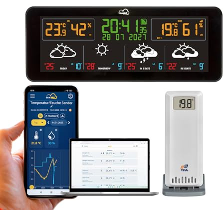 TFA Dostmann WLAN Funk Wetterstation TFA.me ID-07, 35.8107.01, Profi-Wettervorhersage durch wetter.com 4 Tage, Online-Portal, Außensensor, ideal für Büro, Max-Min-Werte, Warnfunktion, schwarz
