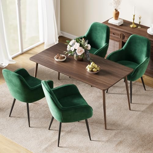 ELUCHANG Esszimmerstuhl, 4er Set, Küchenstuhl, Polsterstuhl, Sessel Bequem mit Armlehne, Loungesessel, bis 150 kg Belastbar, Samt, für Esszimmer, Küche, Wohnzimmer, Dunkelgrün