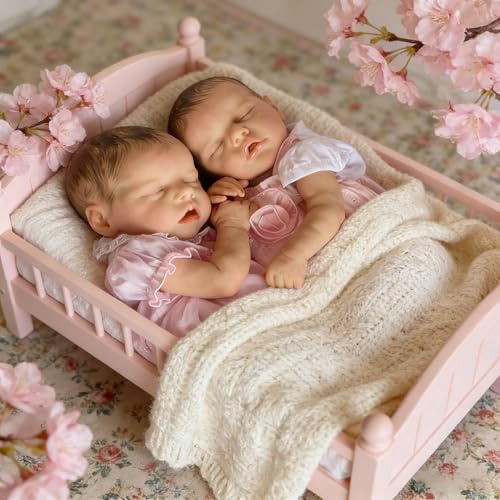 ROSHUAN Realistische Reborn Babypuppen Zwillinge Mädchen 18 Zoll Real Life Babypuppe Silikon Vollkörper Vinyl, Schlafende Babys Puppe, Lebensecht Neugeborene Baby Zwillinge Puppen
