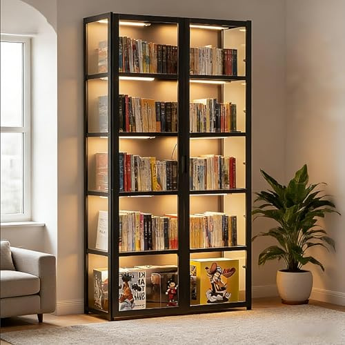 Scribora 5 Tier Bamboo Storage Bookcase with Acrylic Glass Doors, Tall Storage Bookshelf,Display Cabinet for Collectibles, Toys & Books for Living Room, Study Room & Home Office(Black-Folio Door)