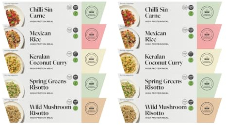 PRESS Healthfoods Vegan Ready Meals Variety Pack (10 Pack) – Plant Based Microwave Meals | Chilli Sin Carne, Keralan Coconut Curry, Mexican Rice, Spring Greens & Wild Mushroom Risotto