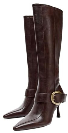 AHUFGN Stivali Alti Donna Stivali alti al ginocchio da donna con fibbia for cintura in pelle verniciata vintage Autunno Inverno Scarpe lunghe Chelsea eleganti tacco sottile(35)