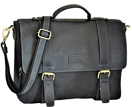 Menzo Stanford Aktentasche aus echten Leder für Damen und Herren, Vintage Umhängetasche, Messenger bag, Lehrertasche (schwarz)