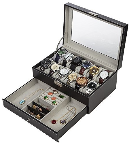 Readaeer Zwei Schichte Uhrenbox für 12 Uhren Kasten Speicher mit Glasdeckel aus PU-Leder