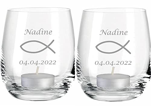 Personalisiertes Teelicht mit Fisch-Gravur I 2er-Set zur Konfirmation - Firmung - Kommunion - Jugendweihe I Windlicht mit Namen & Datum
