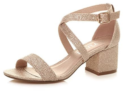 Ajvani Womens Ladies mid Low Block Heel Cross Straps Party Strappy Sandals Size, Rose Gold Shimmer, 6 UK