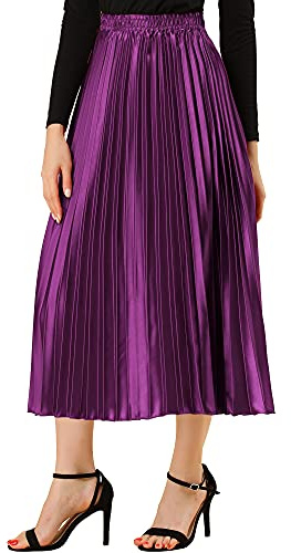 Allegra K Gonna da Donna Midi, Plissettata a Fisarmonica, Metallizzata Lucida con Elastico in Vita, Viola, L