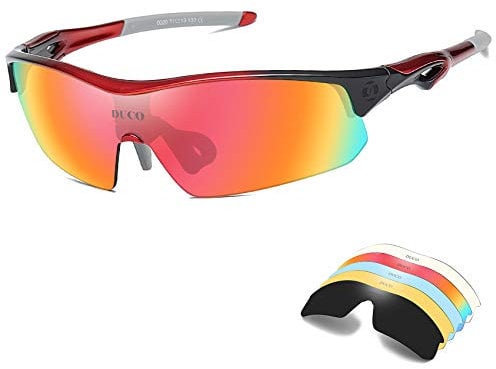 DUCO Polarized Sports Sunglasses with 5 Interchangeable Lenses UV400 Protection Sports Sunglasses for Cycling Running Glasses (Red)