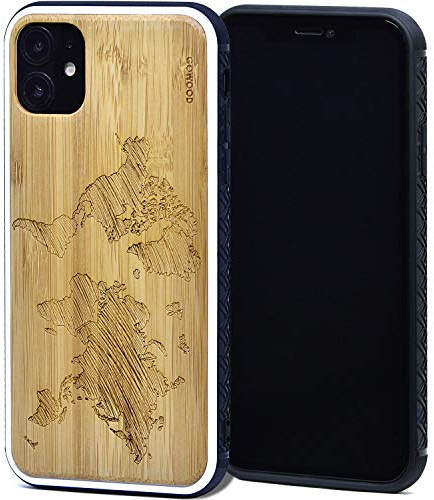 GOWOOD Wooden Case for iPhone 11 with Shock Absorbing Anti-Slip TPU Bumper and World Map Engraved Bamboo Wood Backside