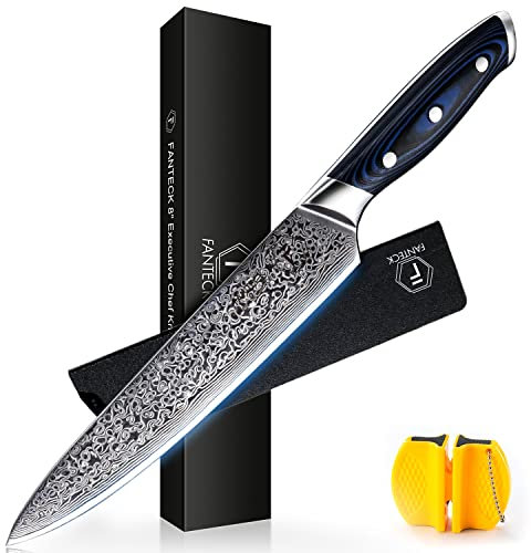 [8-Inch] Chef Knife FANTECK Damascus Kitchen Knife Cooking Knife High Carbon Ultra Sharp VG-10 67 Layers Stainless Steel Kitchen Meat Cutting Gyuto Chef Knife [Gift Box]- Full Tang Blue G10 Handle