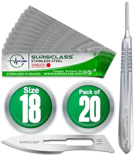 Surgical Scalpel Surgical Blades # 18 Stainless Steel Sterile Pack of 20 and Handle No 4 Perfect for wood art, Surgical, Sculpting, Repairs, Lab Anatomy, Sign, Card Making Lab Training SURGIGR18-20
