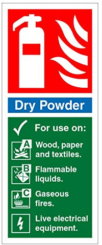 Dry Powder fire extinguisher identification sign 80mm x 200mm Self adhesive vinyl sticker - Identify extinguishers and their application (1)