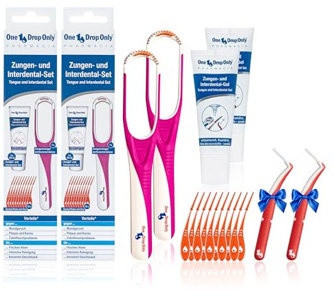 One Drop Only Zungenreinigungs- und Interdental-Set mit 2x Zungen- und Interdental-Gel & 2x Zungenschaber gegen Mundgeruch/Zungenreiniger & 2x10 Dental Picks (plus 2 Interdentalbürsten Größe S ON TOP)