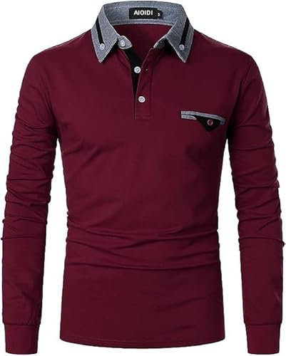 AIOIDI Men's Casual Polo Shirts Long Sleeve Striped Collar T-Shirts with Pocket,A-Red,S