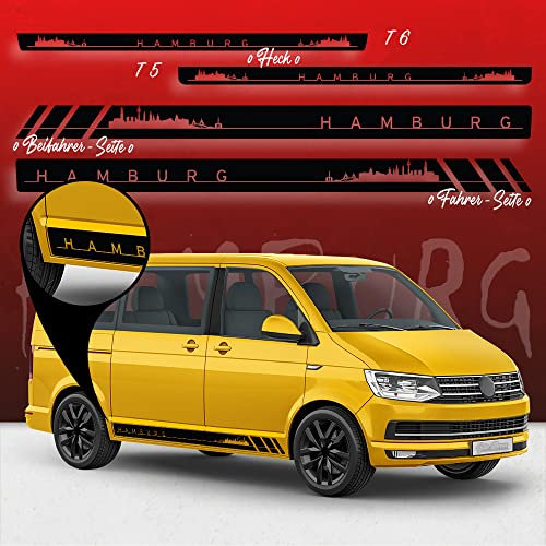 Auto-Dress Seitenstreifen Aufkleber Set/Dekor passend für VW T4, T5 & T6 Bus - Motiv: Skyline Stadt Hamburg Racing (124 Dark Grey, Langer Radstand)