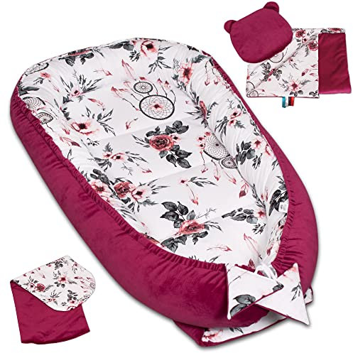 PaLulli 4-TLG Premium Velvet Baby Ausstattung-Set Kuschelnest Babynest 100x55cm herausnehmbarer Baby-Matratze, Kuscheldecke Flachkissen Babybett 100% Baumwolle Hypoallergisch (Wild Blossom)