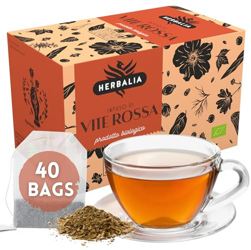 HERBALIA - Tisane à la Vigne Rouge en Sachets, Coffret d'Infusion à la Vigne Rouge de 40 Sachets Sans Agrafes, 40 g de Vigne Rouge pour Infusions et Tisanes